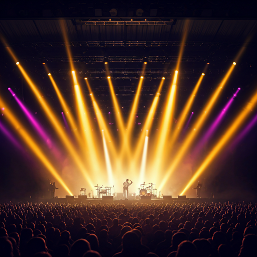 Concert stage with gold and purple lighting and a cheering crowd